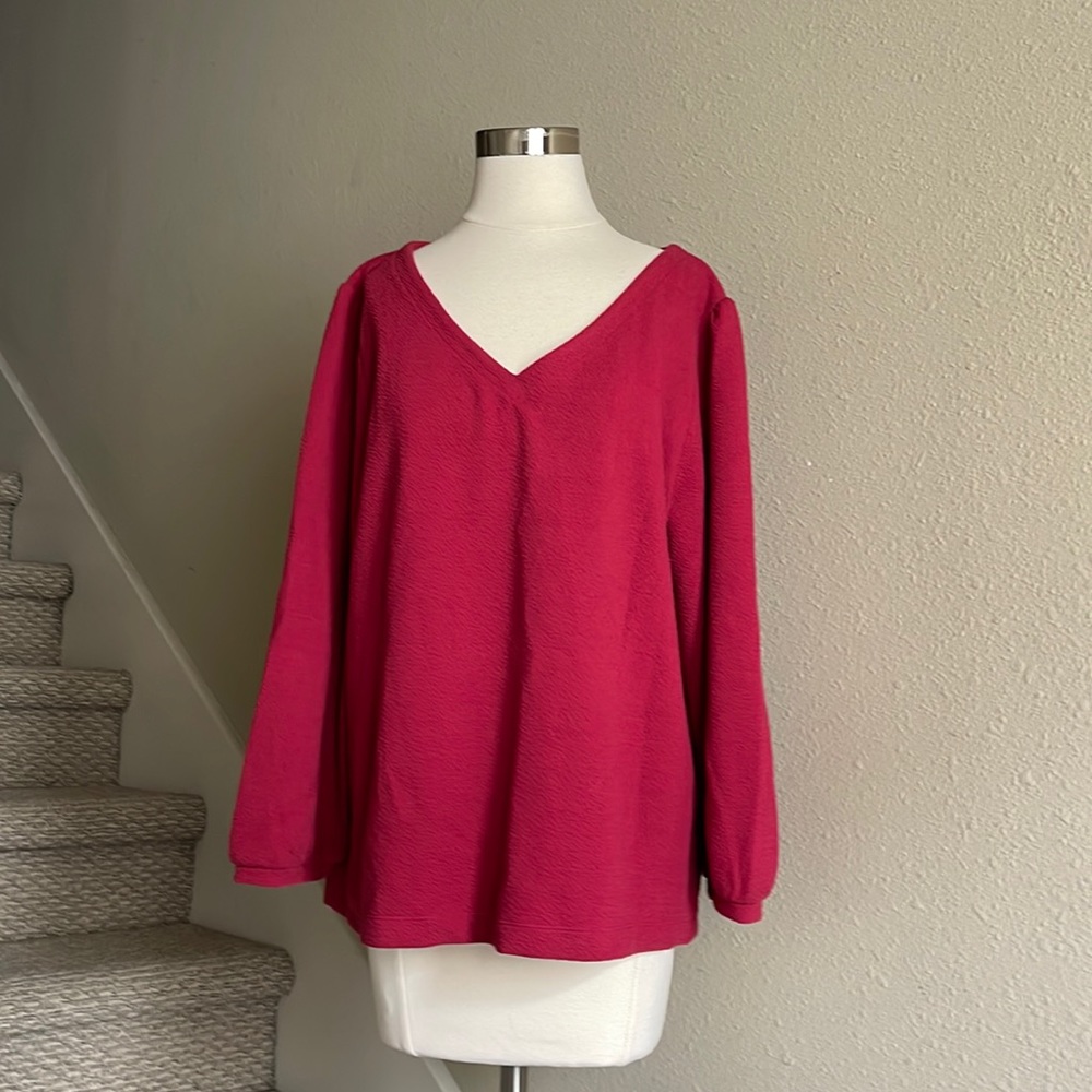 NWT LOFT Sz XL Textured Solid Gathered Sleeve V-Neck Maroon Blouse